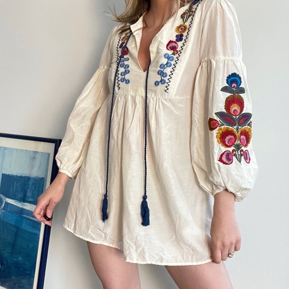 Zara White Embroidered Peasant Dress Mini Baby-Doll xs - Picture 3 of 4